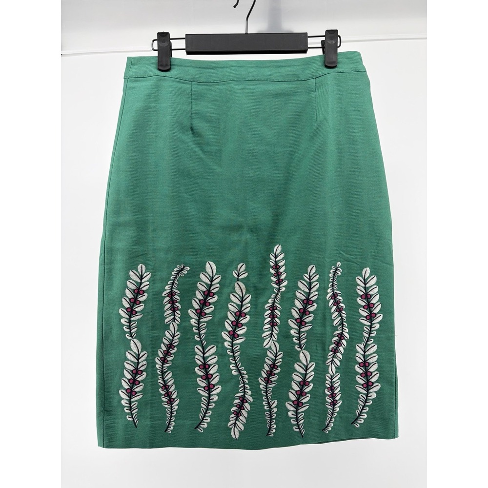 Boden Pencil Skirt Green Embroidered Floral Lined Career Back Zip, Women's Sz 6R
